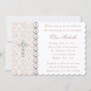 Pink Ivory Damask Cross Baby Girl Christening Invitation