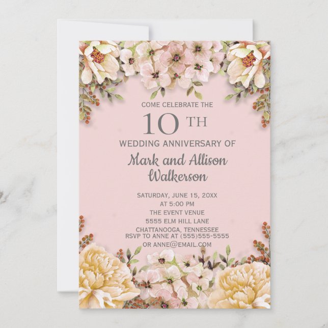 Pink Ivory Floral 10th Wedding Anniversary Invitation (Front)