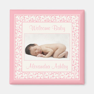 Pink Ivory Floral Damask Baby Photo Magnet