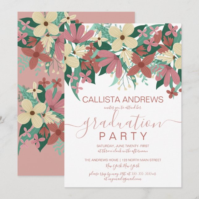Pink Ivory Floral Greenery Bouquet Graduation Invitation (Front/Back)