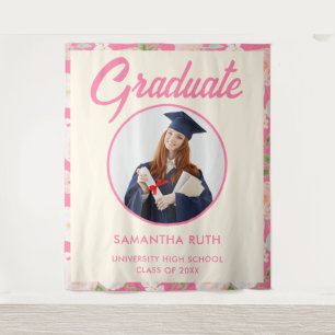 Pink Ivory Floral Photo Graduation Fabric Banner Tapestry