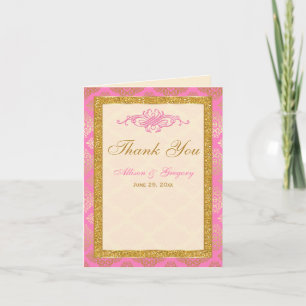 Pink Ivory Gold Glitter, Damask Thank You Card
