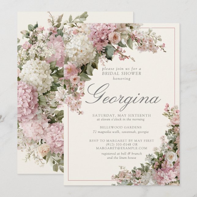 Pink Ivory Hydrangea Floral Monogram Bridal Shower Invitation (Front/Back)