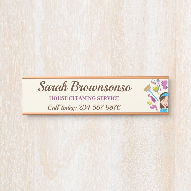 Pink Ivory Janitorial Cartoon Maid House Cleaning Door Sign (Front)