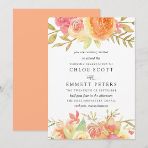 Pink Ivory Orange Flowers Wedding Invitation
