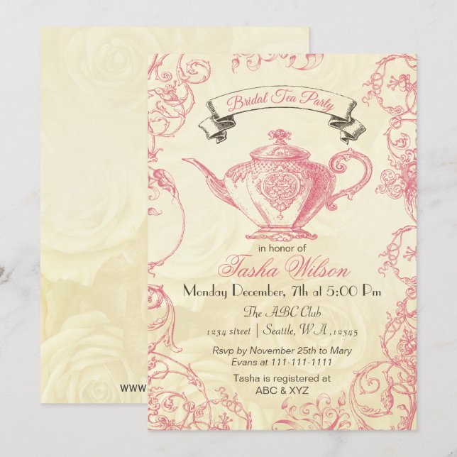 Pink Ivory Roses vintage Bridal Tea Invites (Front/Back)
