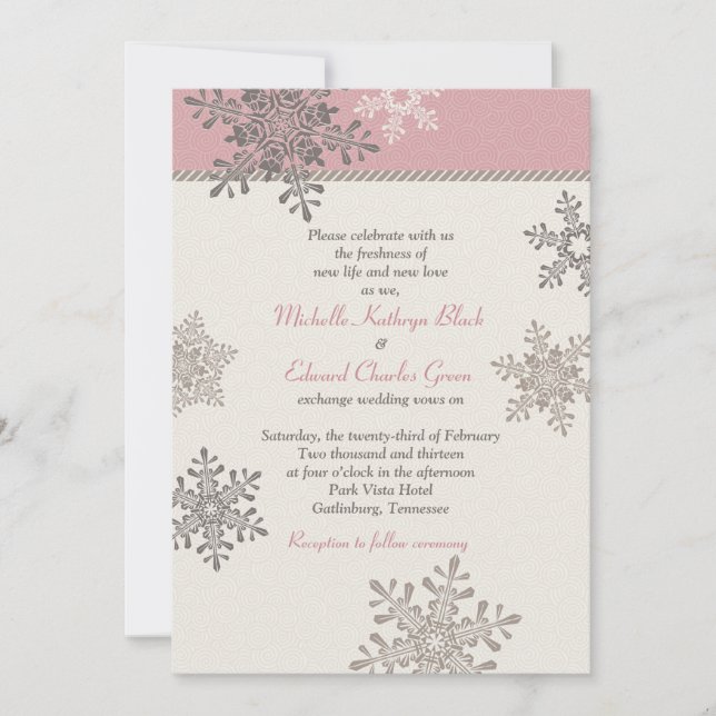 Pink Ivory Snowflake Winter Wedding Invitation (Front)