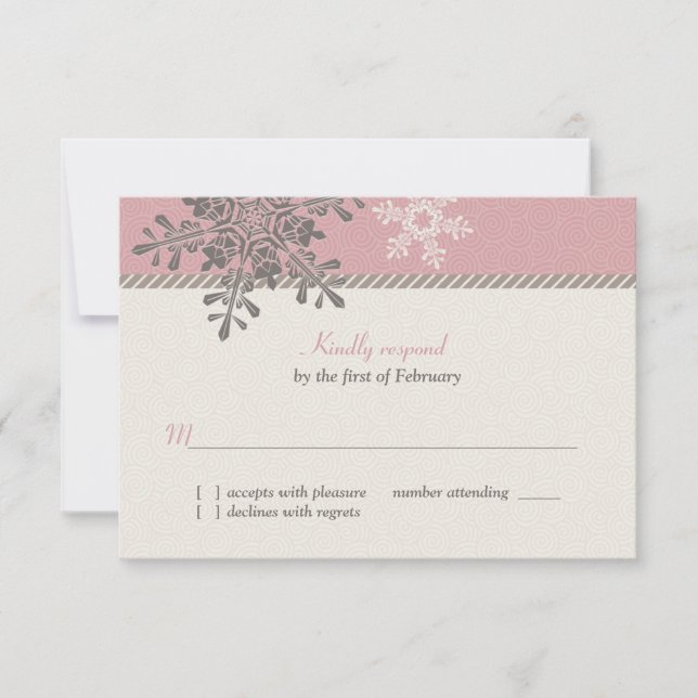 Pink Ivory Snowflake Winter Wedding Reply Card (Front)