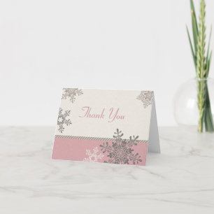 Pink Ivory Snowflake Winter Wedding Thank You Card