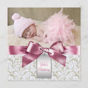 Pink Ivory Swirls Baby Girl Photo Christening Invitation
