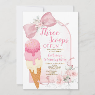 Pink Ivory Three Scoops of Fun Birthday Invitation