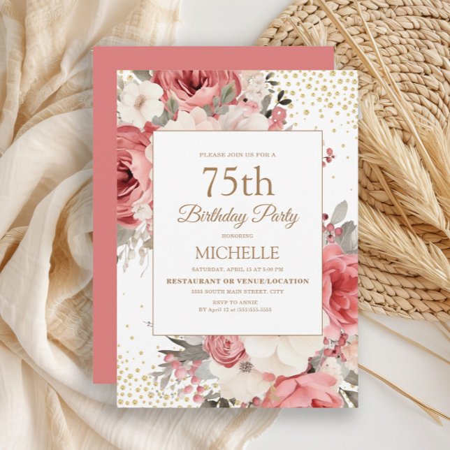 Pink Ivory White Floral Gold Glitter 75th Birthday Invitation (Elegant pink and ivory watercolor floral women's 75th birthday party invitation)
