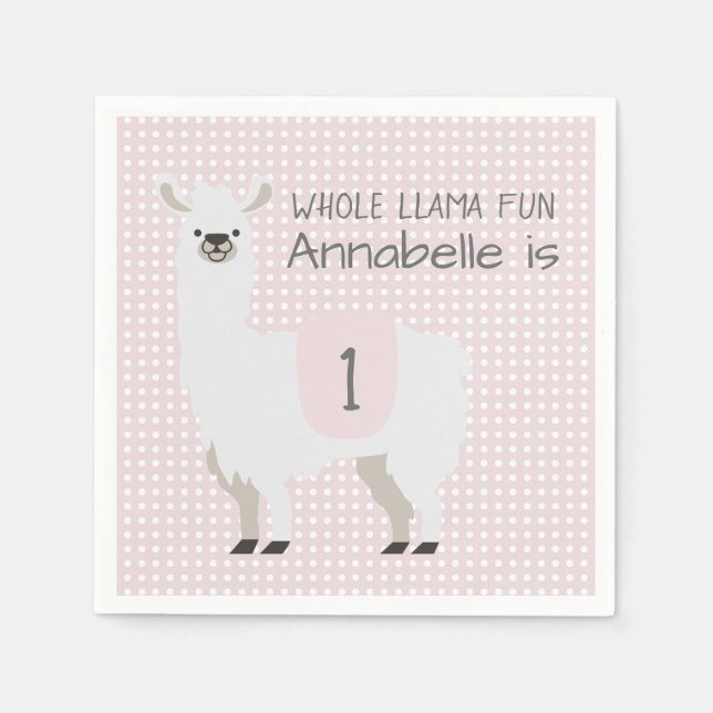 Pink & Ivory Whole Llama Fun Baby 1st Birthday Napkin (Front)
