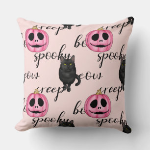 Pink Jack-O-Lantern and Black Cat Cushion