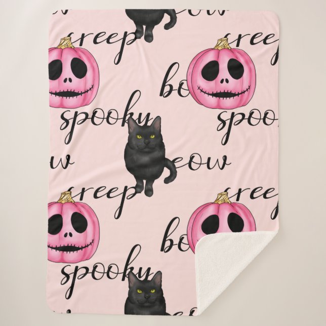 Pink Jack-O-Lantern and Black Cat Sherpa Blanket (Front)