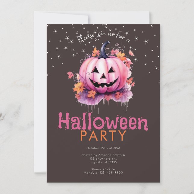Pink Jack-O' Lantern Leaves Stars Halloween Party Invitation (Front)