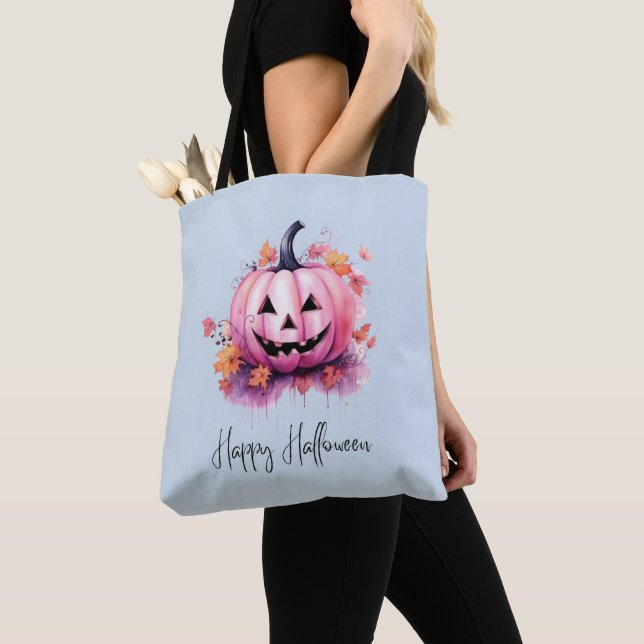 Pink Jack-O' Lantern Light Blue Halloween Tote Bag (Close Up)