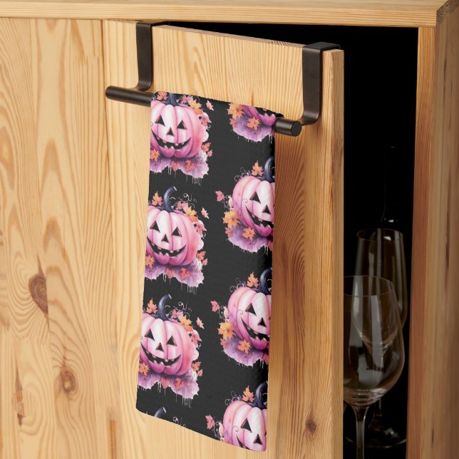 Pink Jack-O' Lantern Orange Leaves Black Halloween Tea Towel (Thirds Fold)
