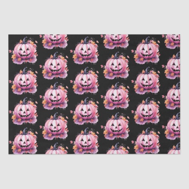 Pink Jack-O' Lantern Orange Leaves Black Halloween Tissue Paper (Front)