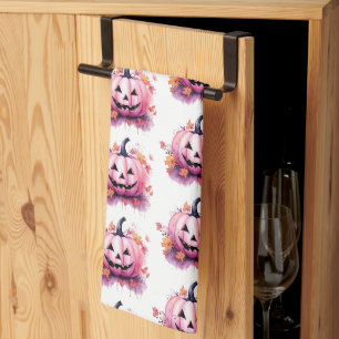 Pink Jack-O' Lantern Orange Leaves White Halloween Tea Towel