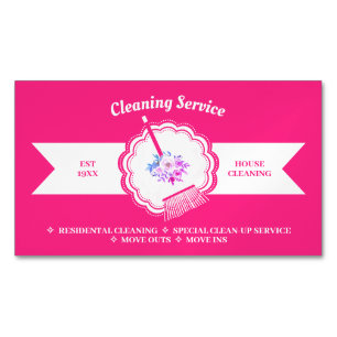 Pink Janitorial Calligraphic Housekeeping Cleaning Magnetic Business Card