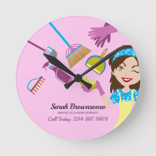 Pink Janitorial LAdy Cleaning Professional Round Clock