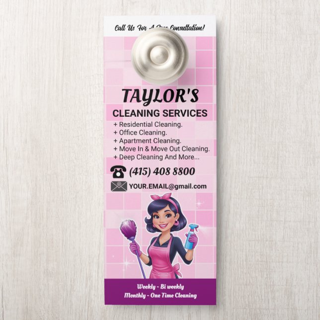 Pink Janitorial Lady House Cleaning Service Door Hanger (On Knob)
