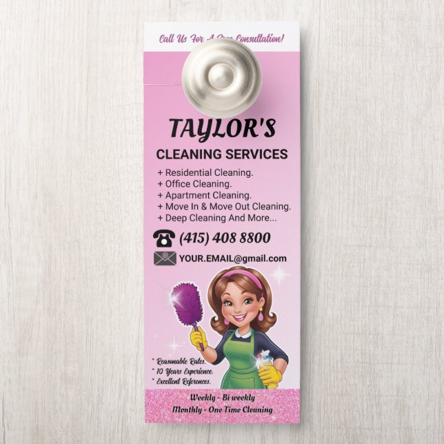 Pink Janitorial Lady House Cleaning Service Door Hanger (On Knob)