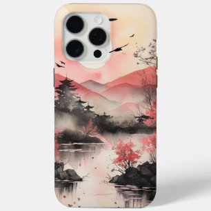 Pink Japandi Watercolour Style Waterscape Scenery  iPhone 15 Pro Max Case