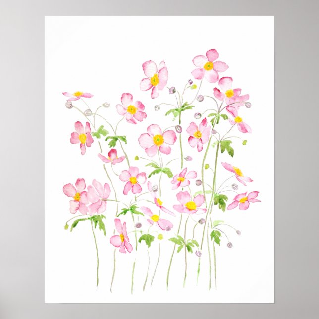 Pink Japanese Anemone field watercolor painting Poster (Front)