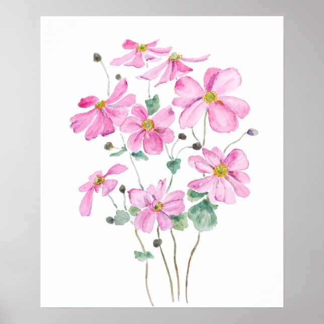 Pink Japanese Anemone watercolor painting Poster (Front)