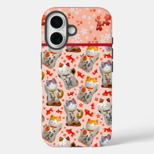 Pink Japanese beckoning cats Maneki-neko cats iPhone 16 Case