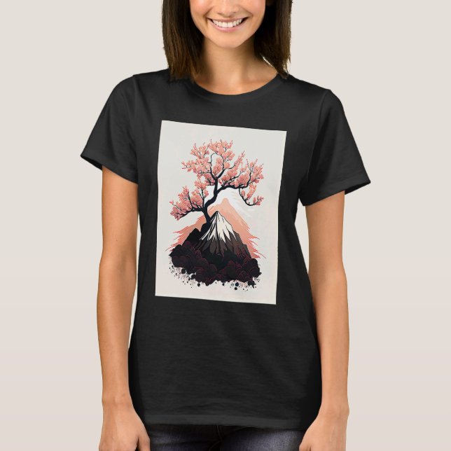 Pink japanese cherry blossom snowy mountain peak T-Shirt (Front)