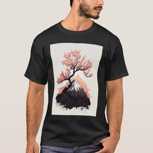 Pink japanese cherry blossom snowy mountain peak T-Shirt (Front)