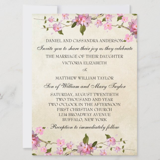 Pink Japanese Cherry Blossoms Wedding Invitation (Front)