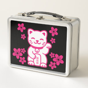 Pink Japanese Maneki-neko Metal Lunch Box