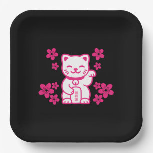 Pink Japanese Maneki-neko Paper Plate