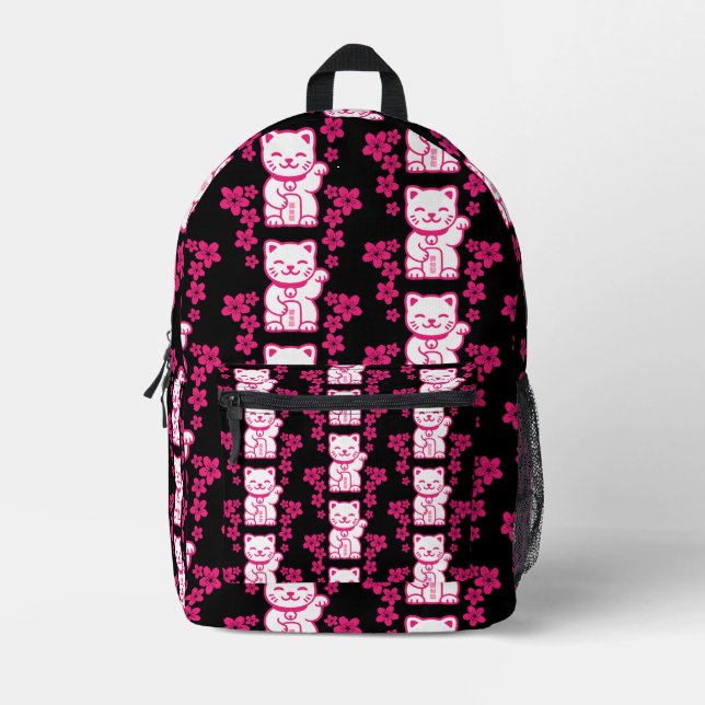 Pink Japanese Maneki-neko Printed Backpack (Front)