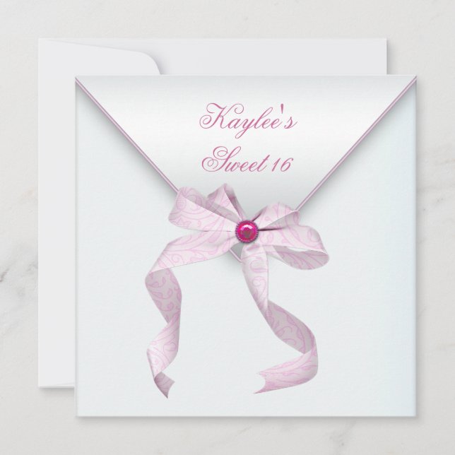 Pink Jewel Bow Pretty White Sweet Sixteen Party Invitation (Front)
