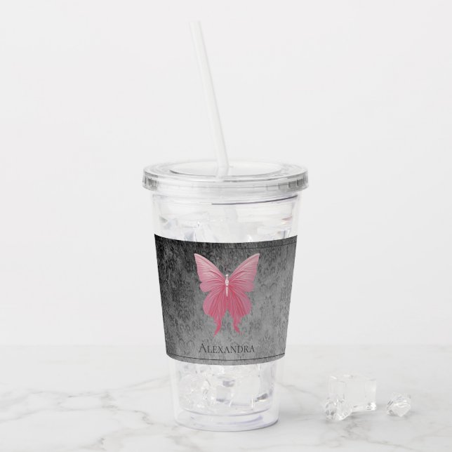 Pink Jewelled Butterfly Acrylic Tumbler (Front Ice)