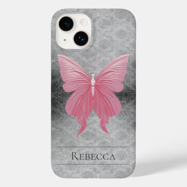 Pink Jewelled Butterfly Damask Case-Mate iPhone Case (Back)