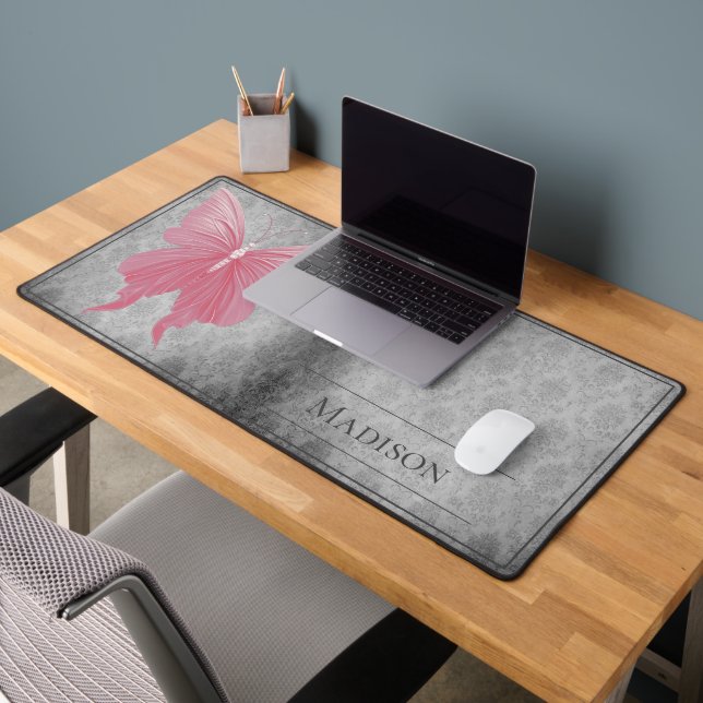 Pink Jewelled Butterfly Damask Desk Mat (Office 2)
