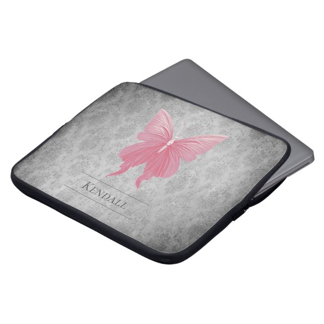 Pink Jewelled Butterfly Damask Laptop Sleeve (Front Top)