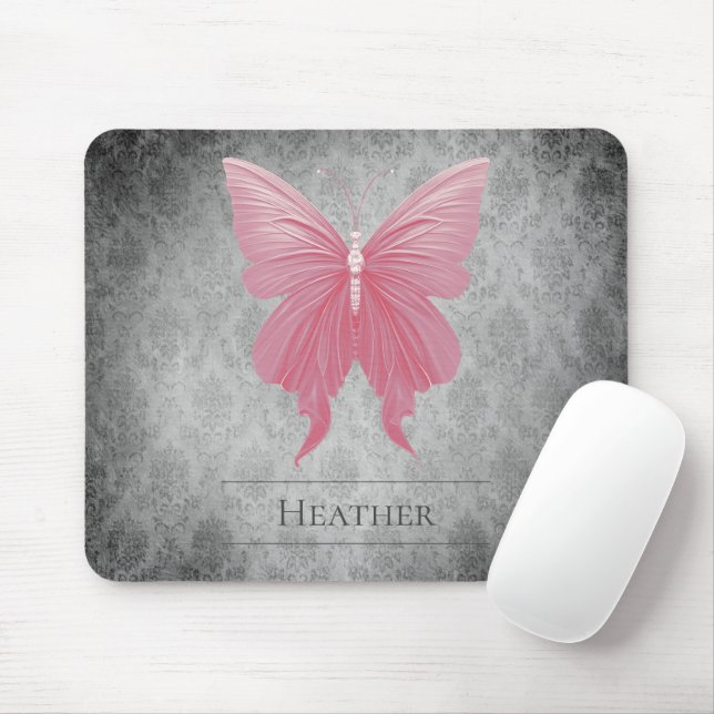 Pink Jewelled Butterfly Damask Mouse Mat (With Mouse)