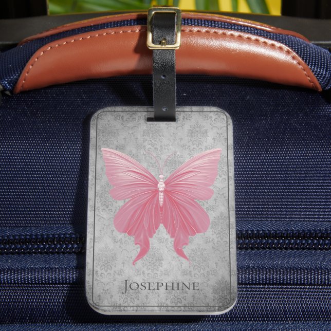 Pink Jewelled Butterfly Luggage Tag (Front Insitu 2)