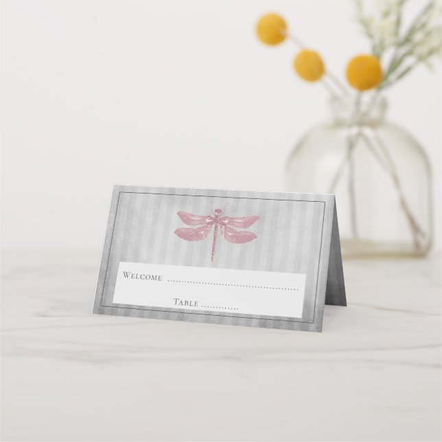 Pink Jewelled Dragonfly Reception Place Card (Front)