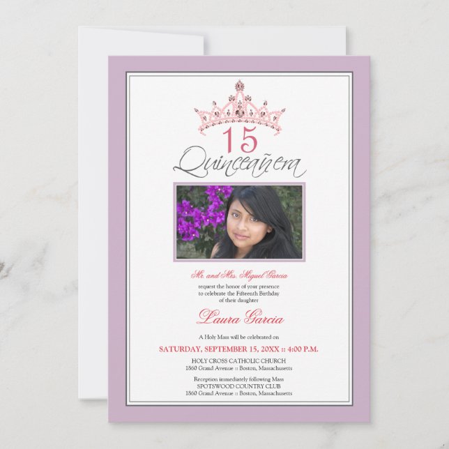 Pink Jewelled Tiara Quinceanera Invitation (purple (Front)