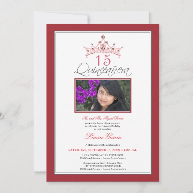 Pink Jewelled Tiara Quinceanera Invitation (red) (Front)