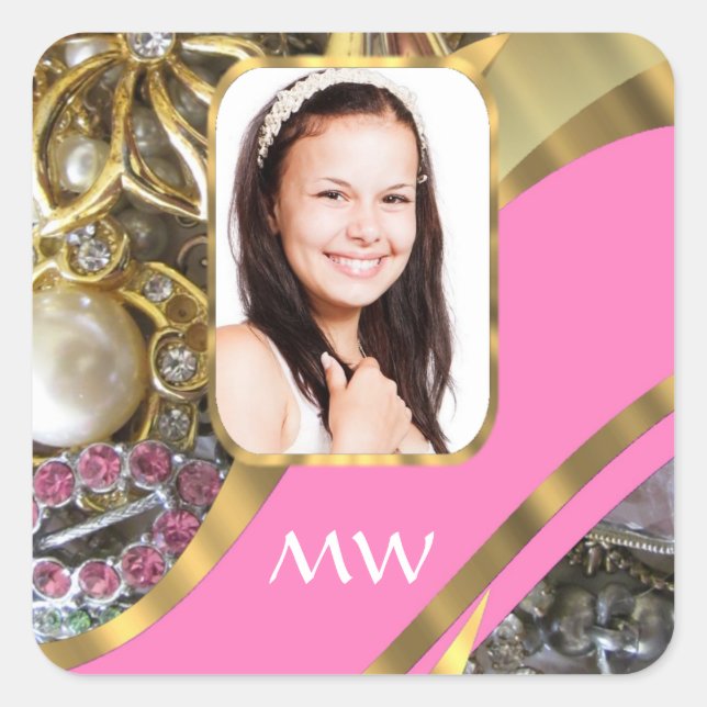 Pink jewellery personalised background square sticker (Front)
