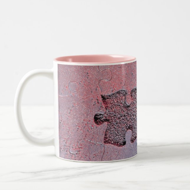 Pink Jigsaw Puzzle for Autism Awareness Month Two-Tone Coffee Mug (Left)